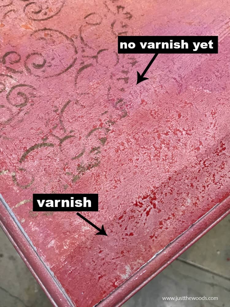 pink painted table top with varnish and no varnish comparison