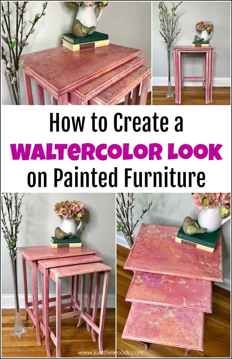 pinterest image for nesting tables makeover with watercolor effect using texture whitewash and stencil 