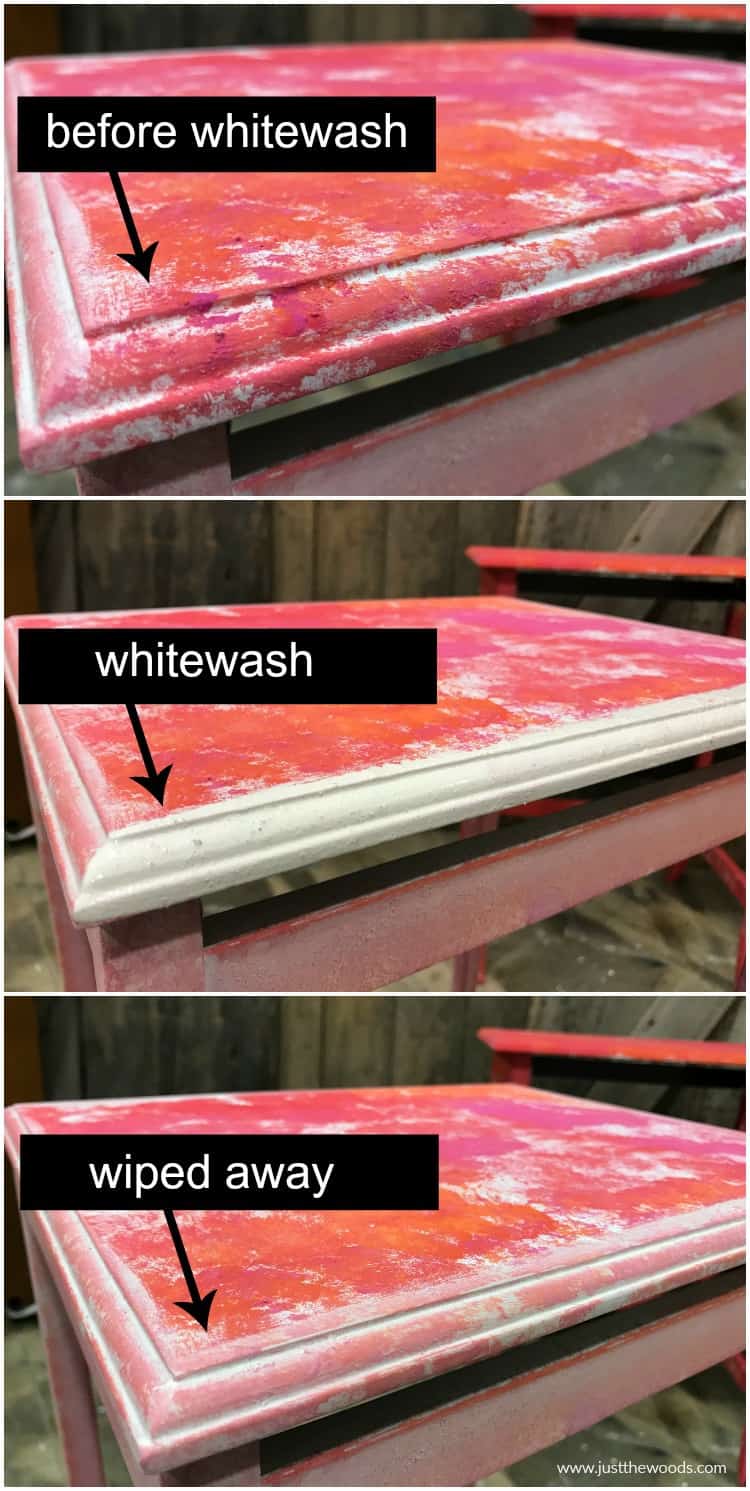 step by step of white wash application on colorful painted nest of tables