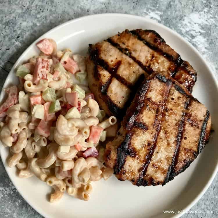 healthy macaroni salad with grilled pork chops