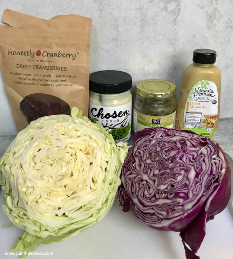 homemade coleslaw ingredients, red and green cabbage slaw