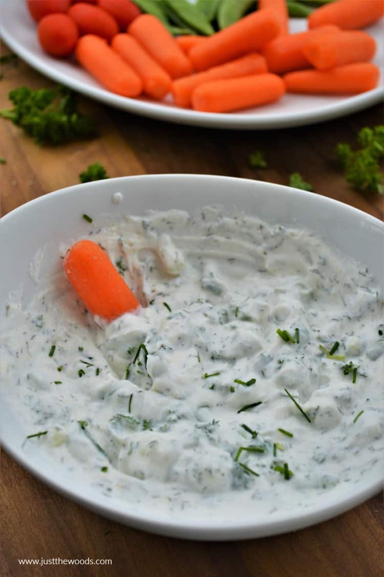 bowl of Greek yogurt vegetable dip with carrots