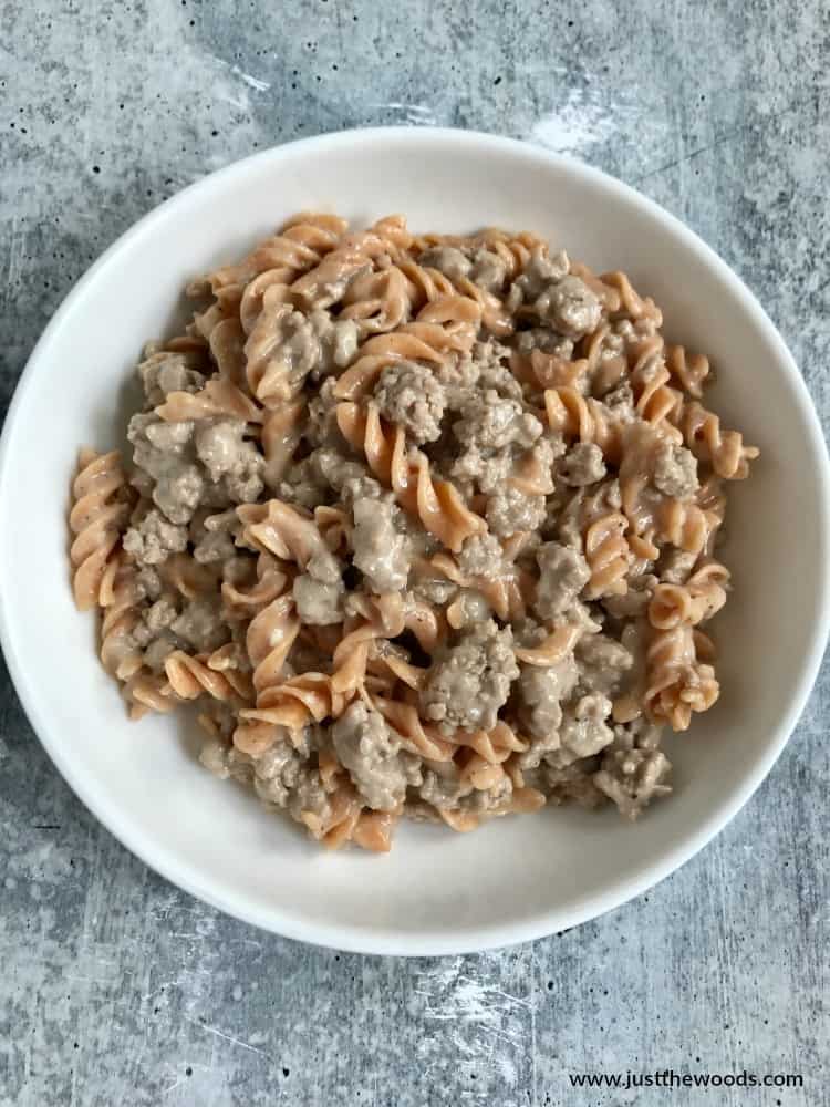 healthy hamburger helper in white bowl