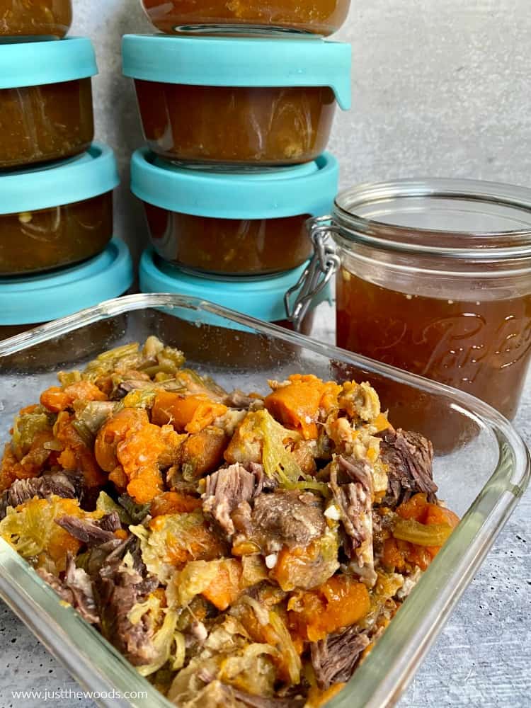 bone broth in glass jars, vegetable mush from bone broth recipe