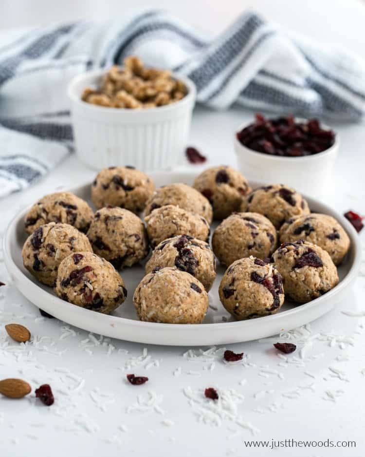 white plate with no bake protein balls