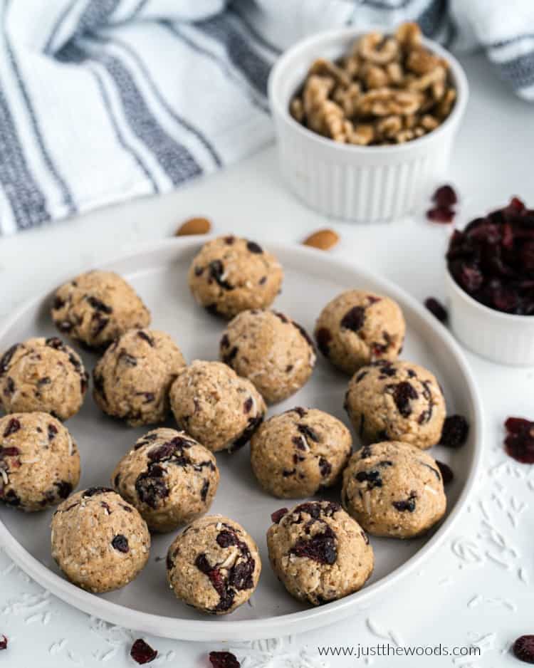 no bake vegan energy balls on white plate