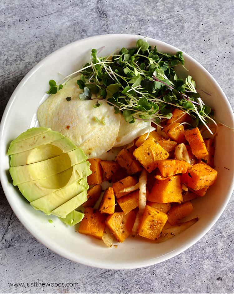 savory oven roasted squash with eggs and avocado