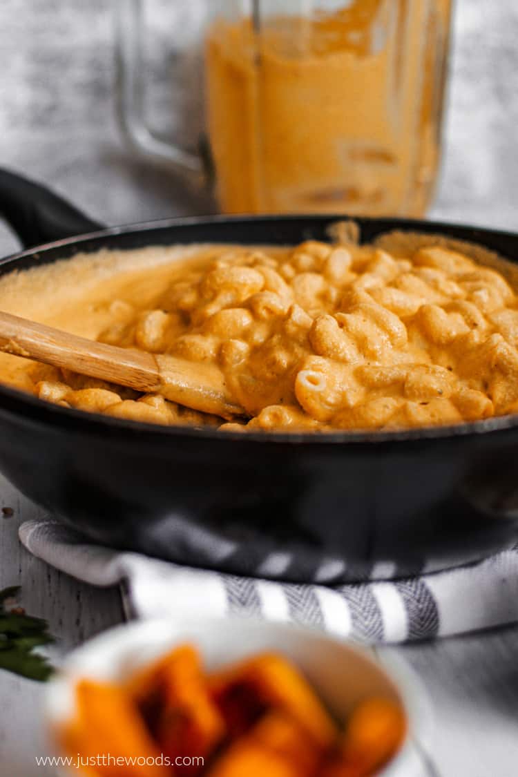 easy dairy free Mac and cheese with cashews and nutritional yeast in skillet