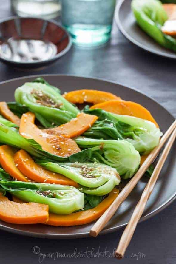 Steamed Pumpkin and Bok Choy with Ginger Sesame Dressing on gourmandeinthekitchen.com 20+ Candy and Savory Paleo Pumpkin Recipes