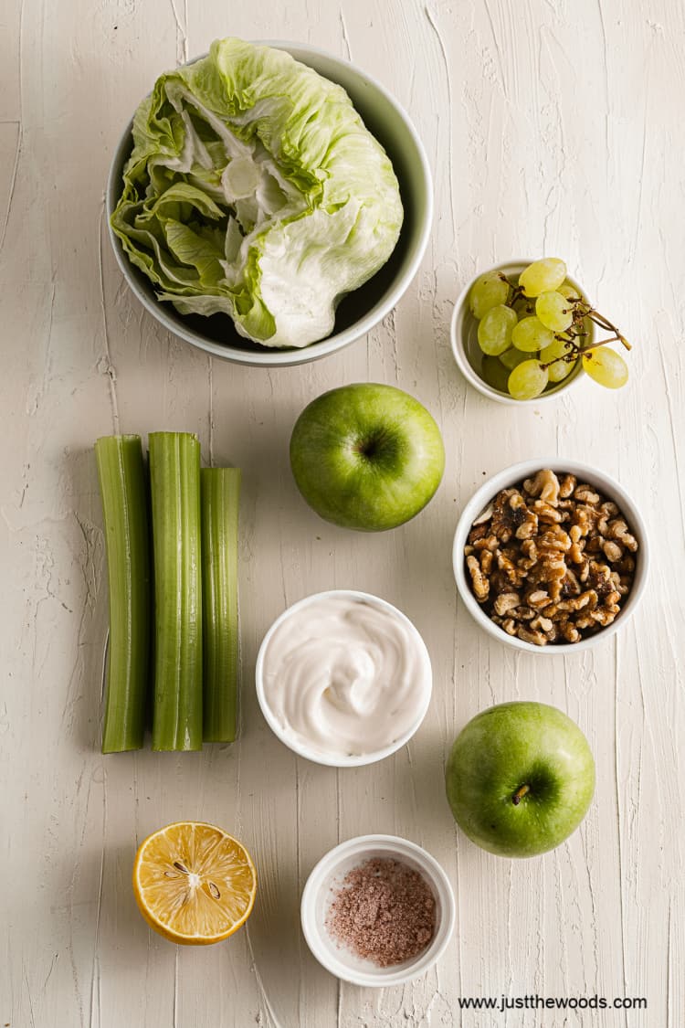 individual ingredients for an easy Waldorf salad