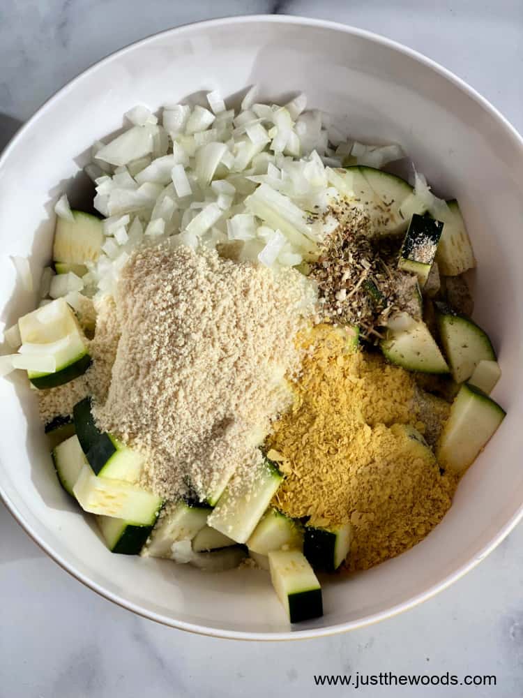 combined ingredients for zucchini casserole in a bowl