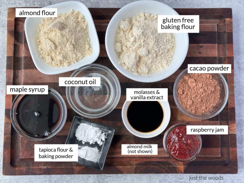 ingredients to make the best Chocolate Raspberry Gluten Free Thumbprint Cookie Recipe with raspberry Jam