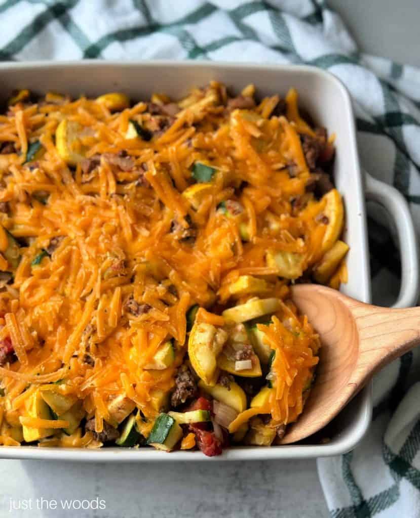 Gluten Free Squash Casserole with ground beef and dairy free cheese 