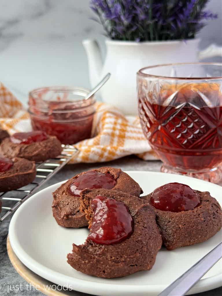 healthy Chocolate Gluten Free Thumbprint Cookie Recipe with raspberry Jam