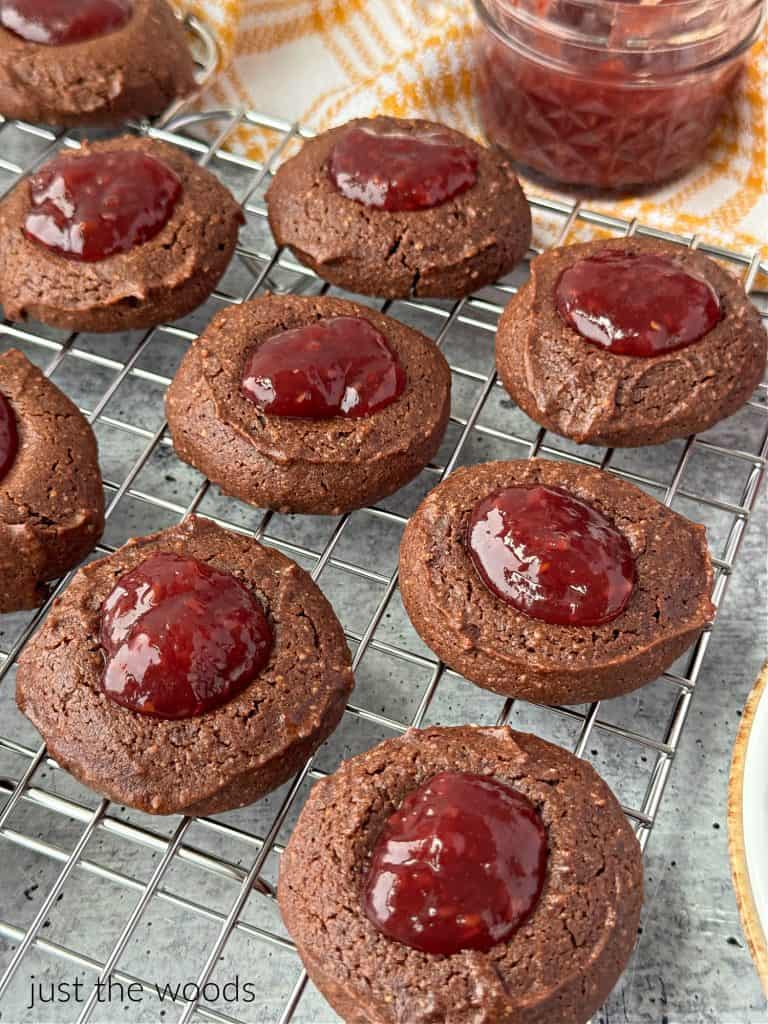 feature image Chocolate Gluten Free Thumbprint Cookie Recipe with raspberry Jam