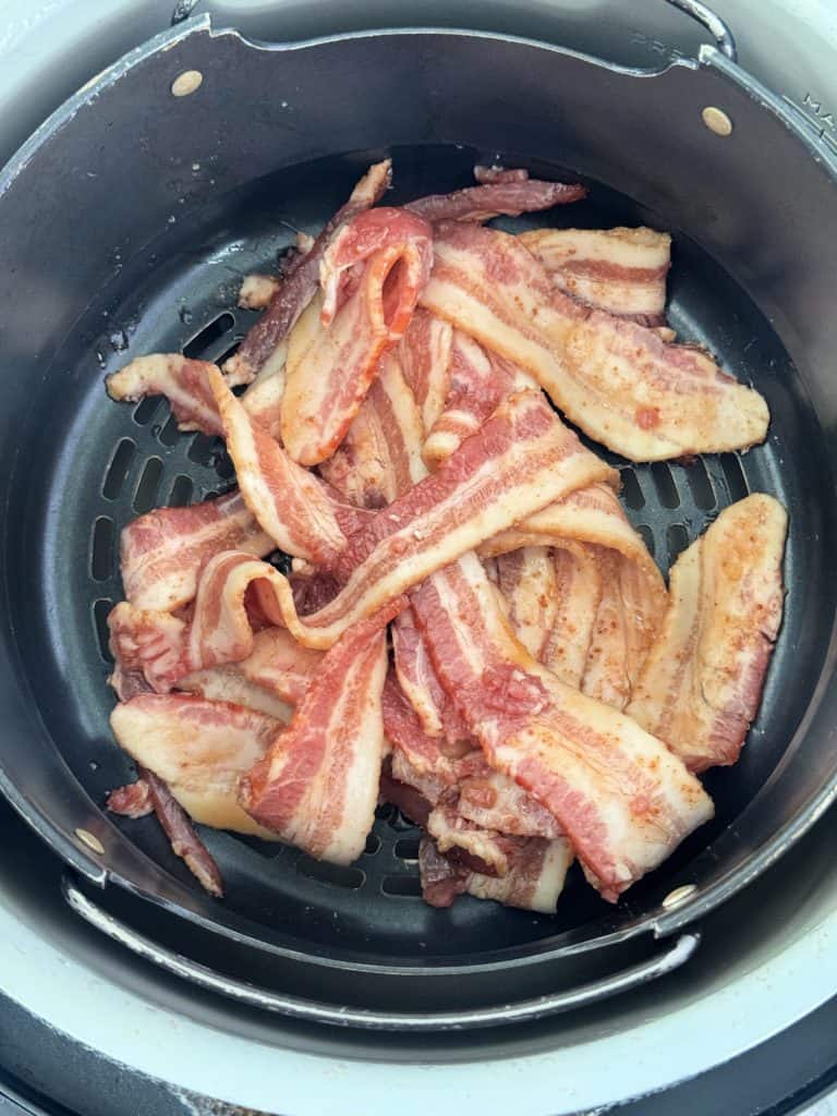 candied maple bacon in air fryer basket 