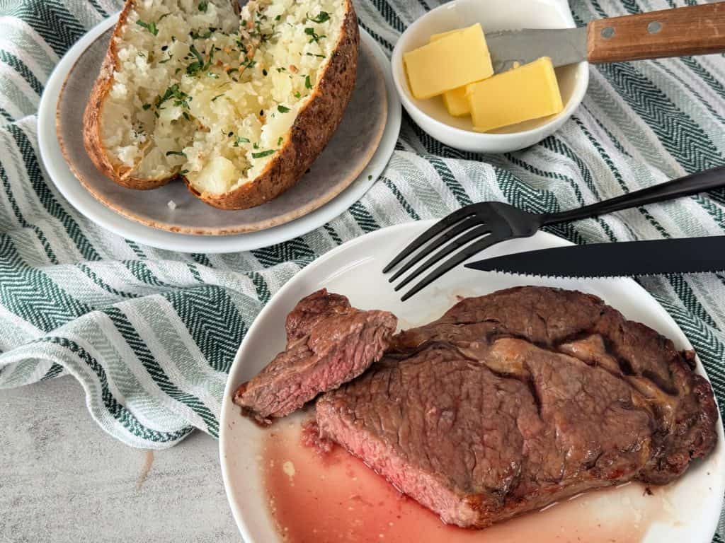 Ninja Foodi Ribeye Steak with baked potato