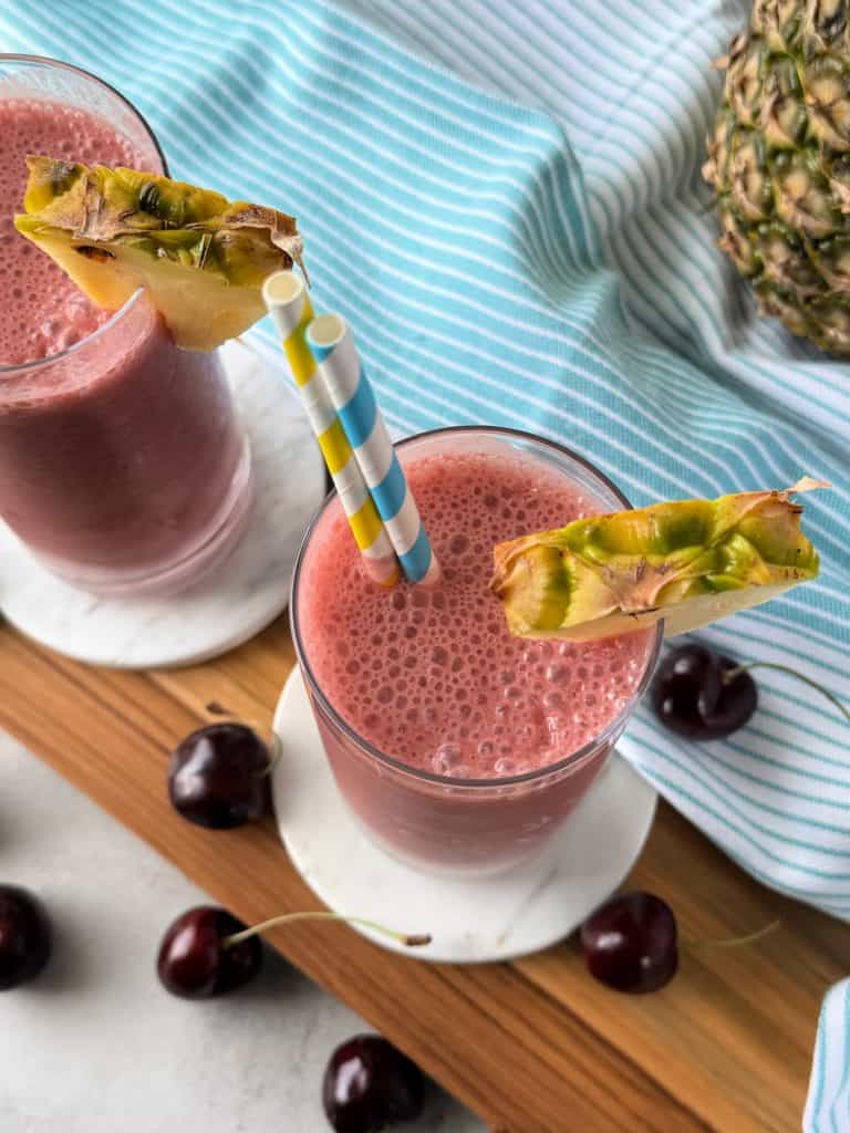 top view of Pineapple Cherry Smoothie with pineapple chunks