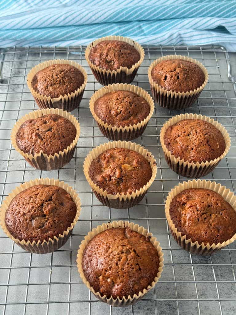 walnut chocolate chip muffins on cooling rack