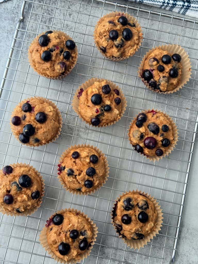 healthy oatmeal blueberry muffins on wire rack 