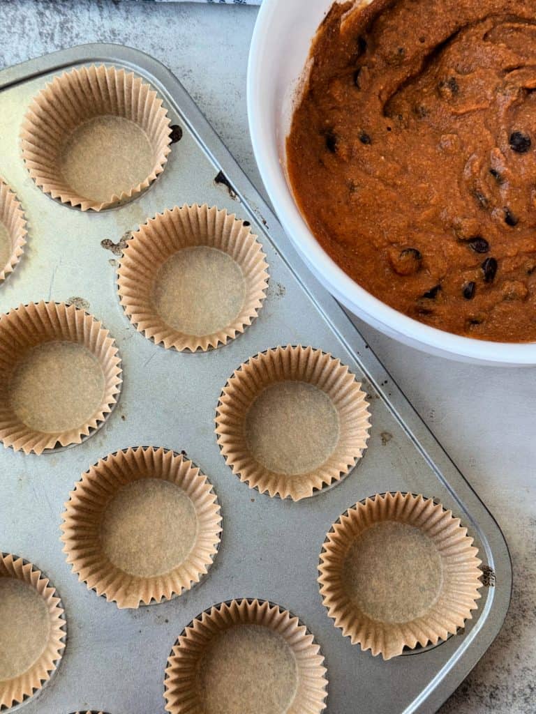 parchment paper liners and muffin batter 