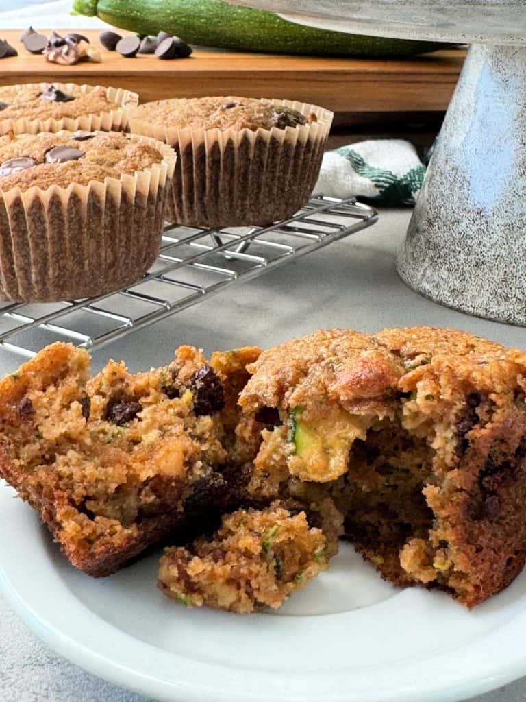 close up of Zucchini Bread Muffins with chocolate chips and walnuts