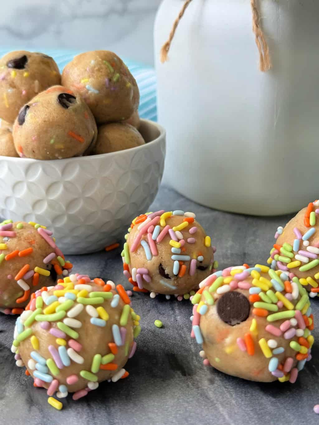 healthy Birthday Cake Cookie Dough Bites recipe with sprinkles