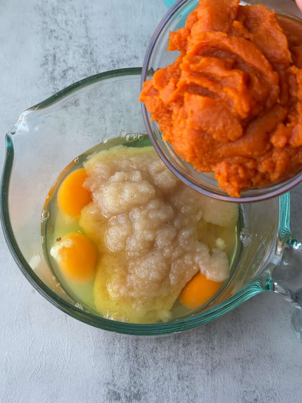 organic pumpkin puree in with applesauce and eggs