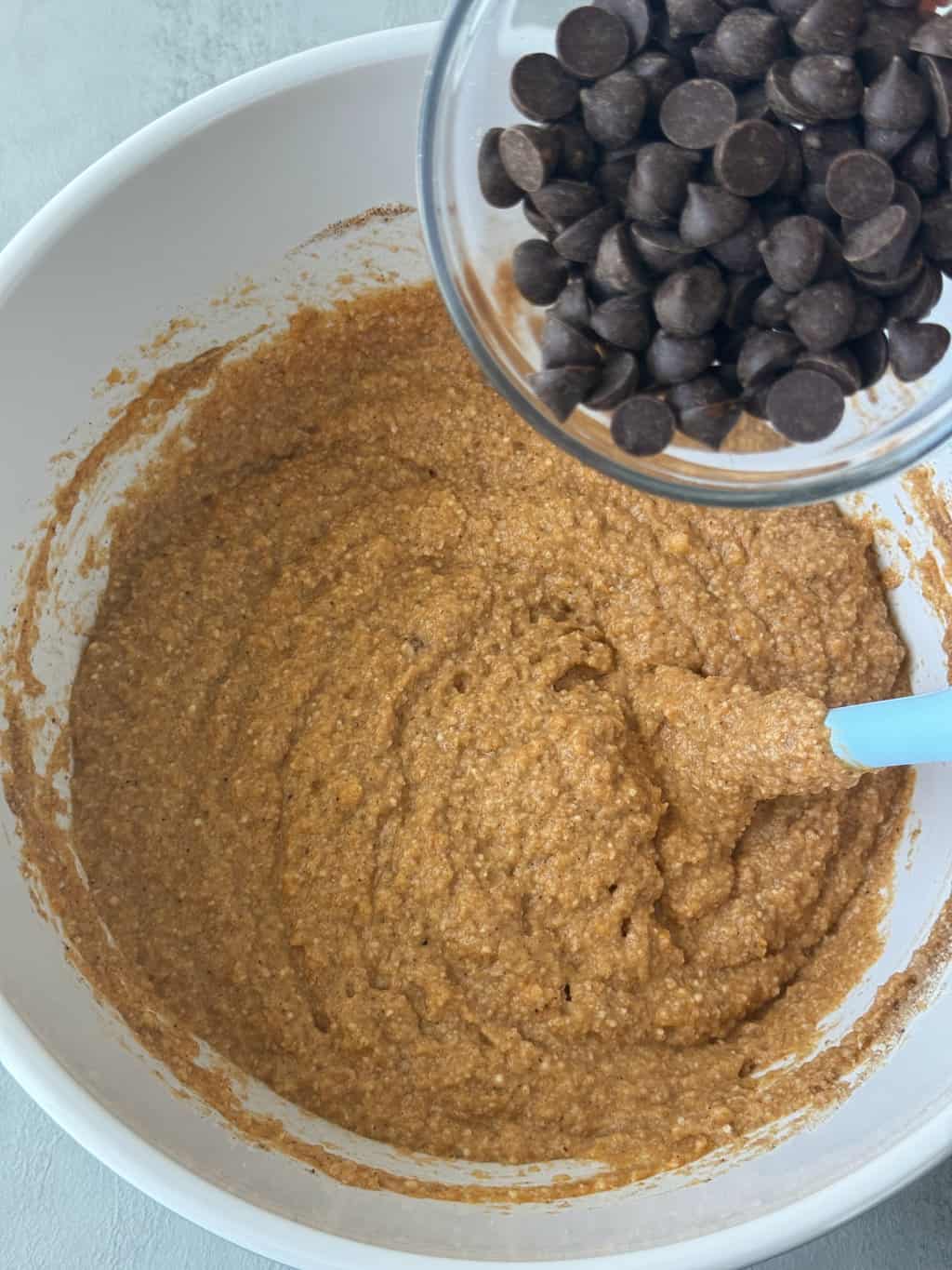 fold cacao chips into pumpkin bread batter