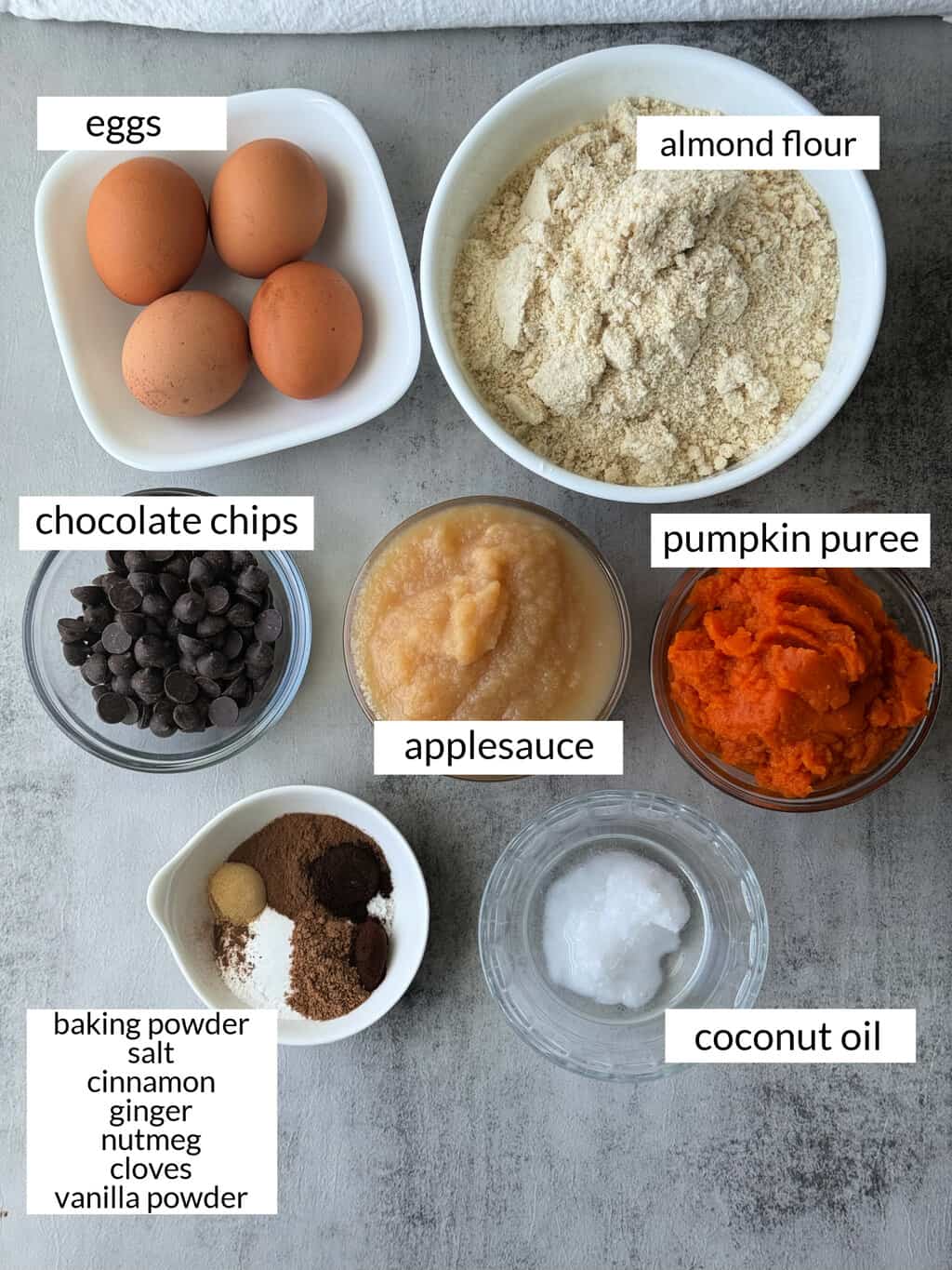 ingredients to make pumpkin bread with applesauce and chocolate chips