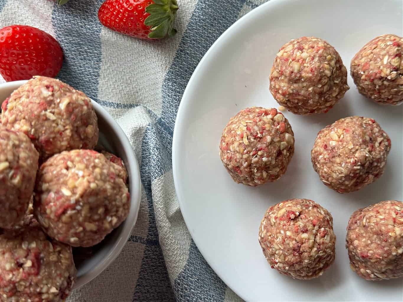 close up healthy strawberry protein balls with cashews oats honey