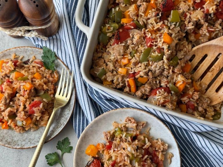 feature Healthy Ground Pork and Rice Casserole Recipe with fire roasted tomatoes