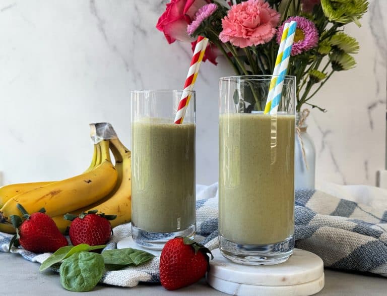 healthy breakfast smoothie recipe with almond butter banana strawberry spinach