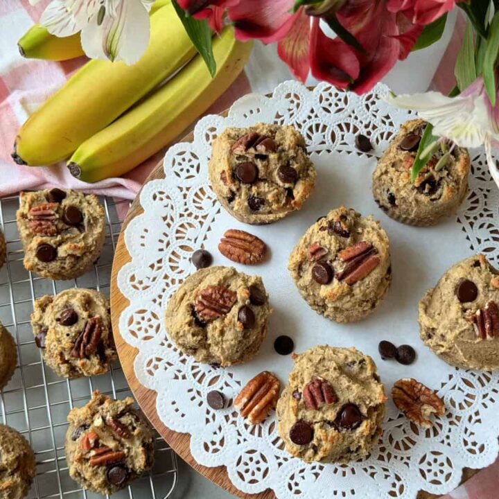 chocolate chip pecan banana muffins on a platter