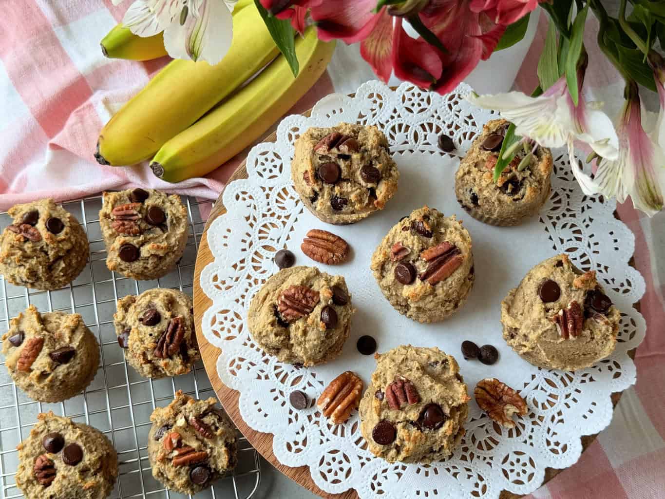 chocolate chip pecan banana muffins on a platter