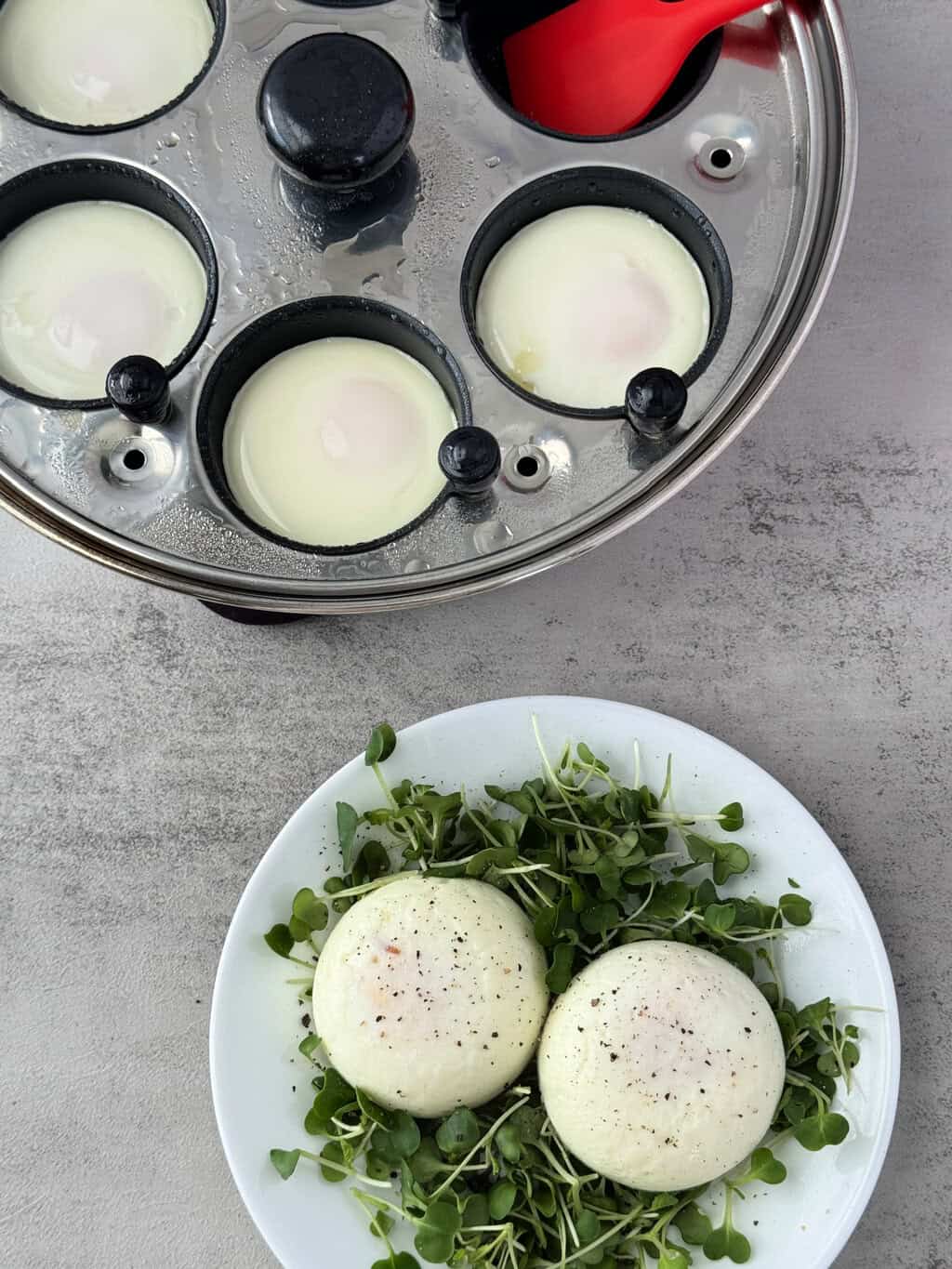 perfect poached eggs on a plate with microgreens