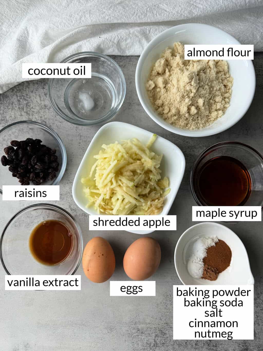 ingredients to make Healthy Apple Muffin Recipe with Raisins with each ingredients labeled